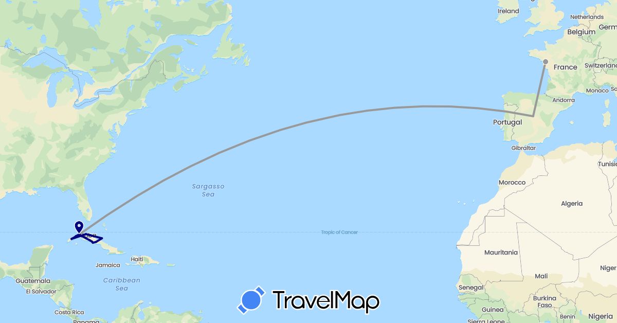 TravelMap itinerary: driving, plane in Cuba, Spain, France (Europe, North America)
