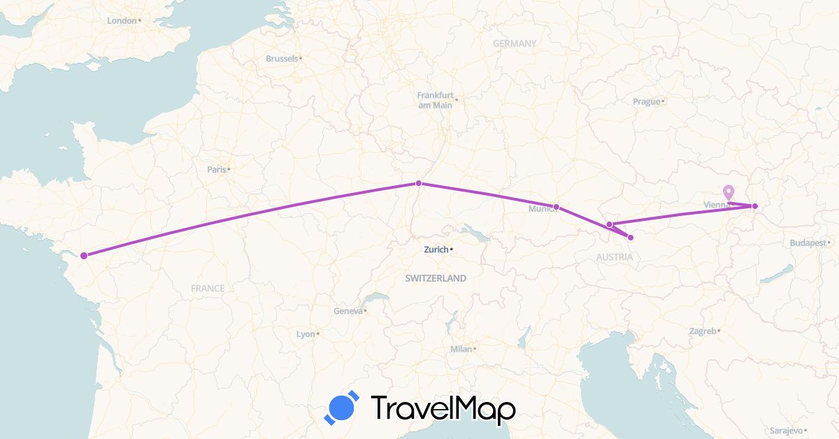 TravelMap itinerary: driving, train in Austria, Germany, France, Slovakia (Europe)